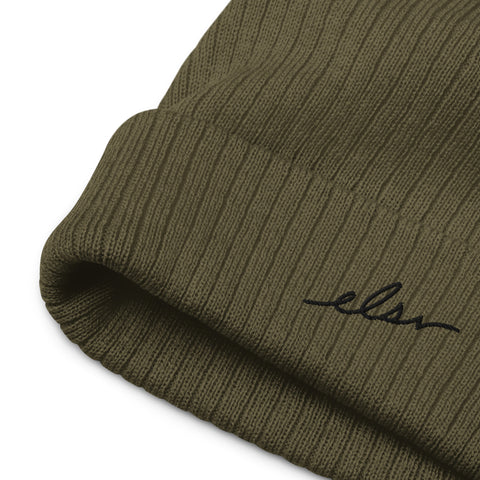 Script Ribbed Knit Beanie (olive)
